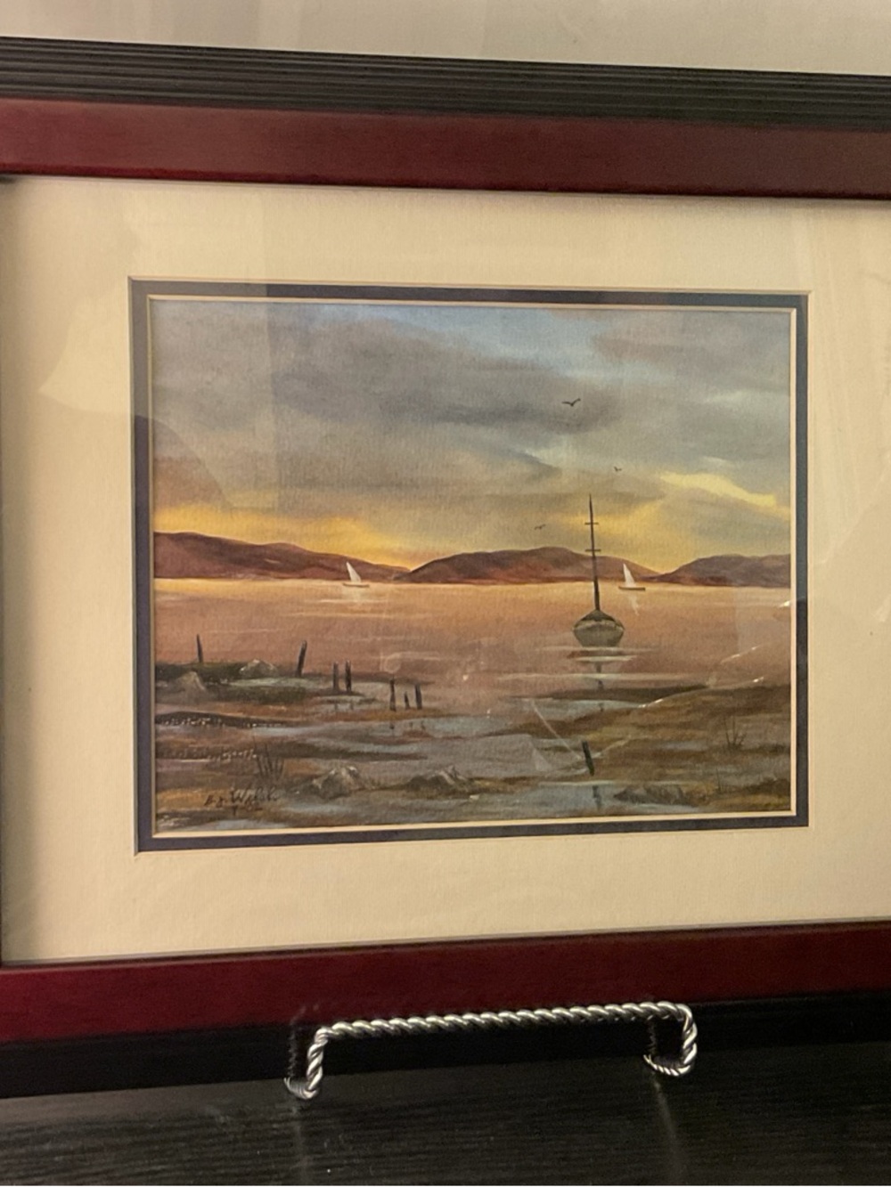 Original Watercolor Painting B.J. Welsh, Sailboats on Lake, Sunset, Pro Framed